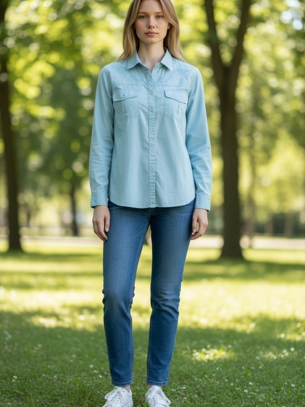 Outback Trading Co Embroidered Yoke Button Front Shirt Women's 1X Light Blue